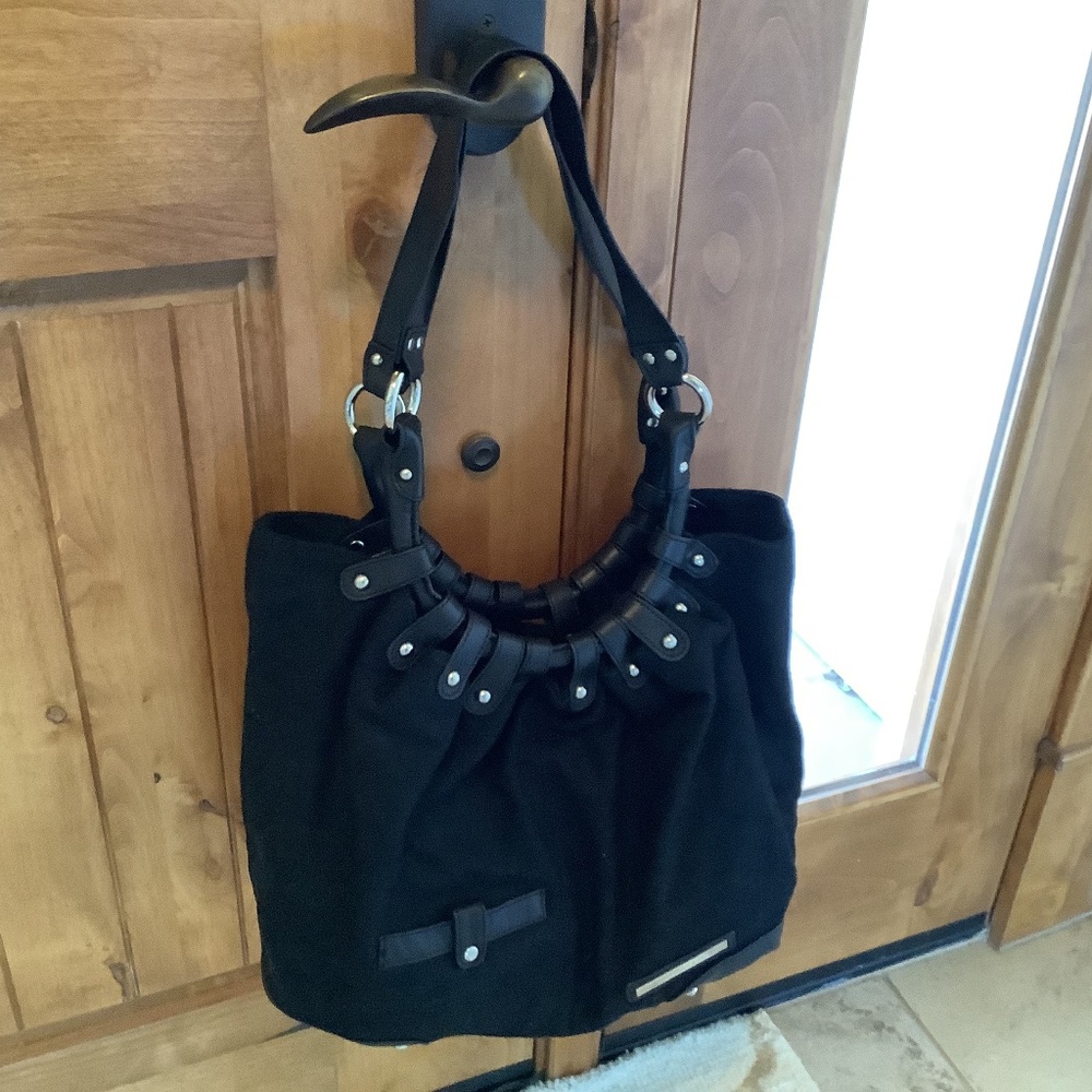 BCBG Maxazria Black Felt Tote with Leather Like Trim